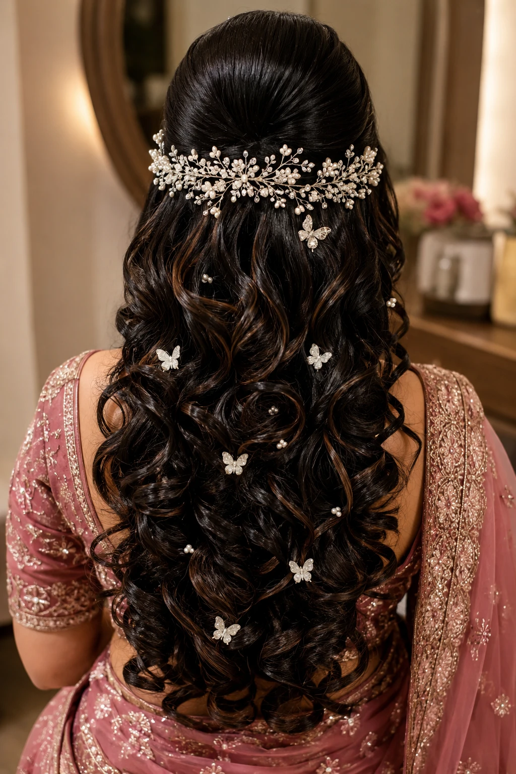 Open Curls with Pearl Vine Headband and Butterfly Pins
