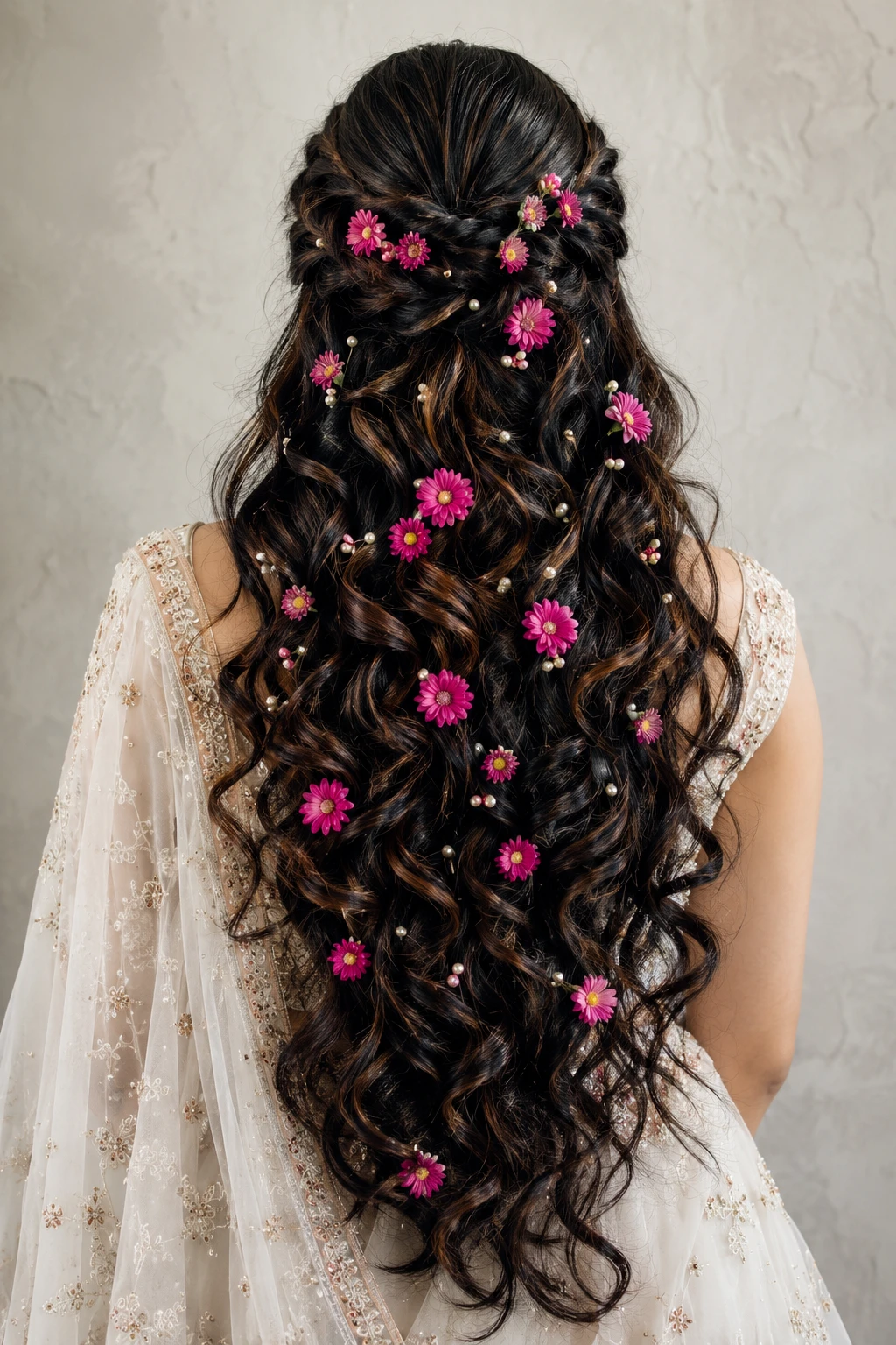 Half-Up Twisted Curls with Scattered Pink Gerbera Daisies