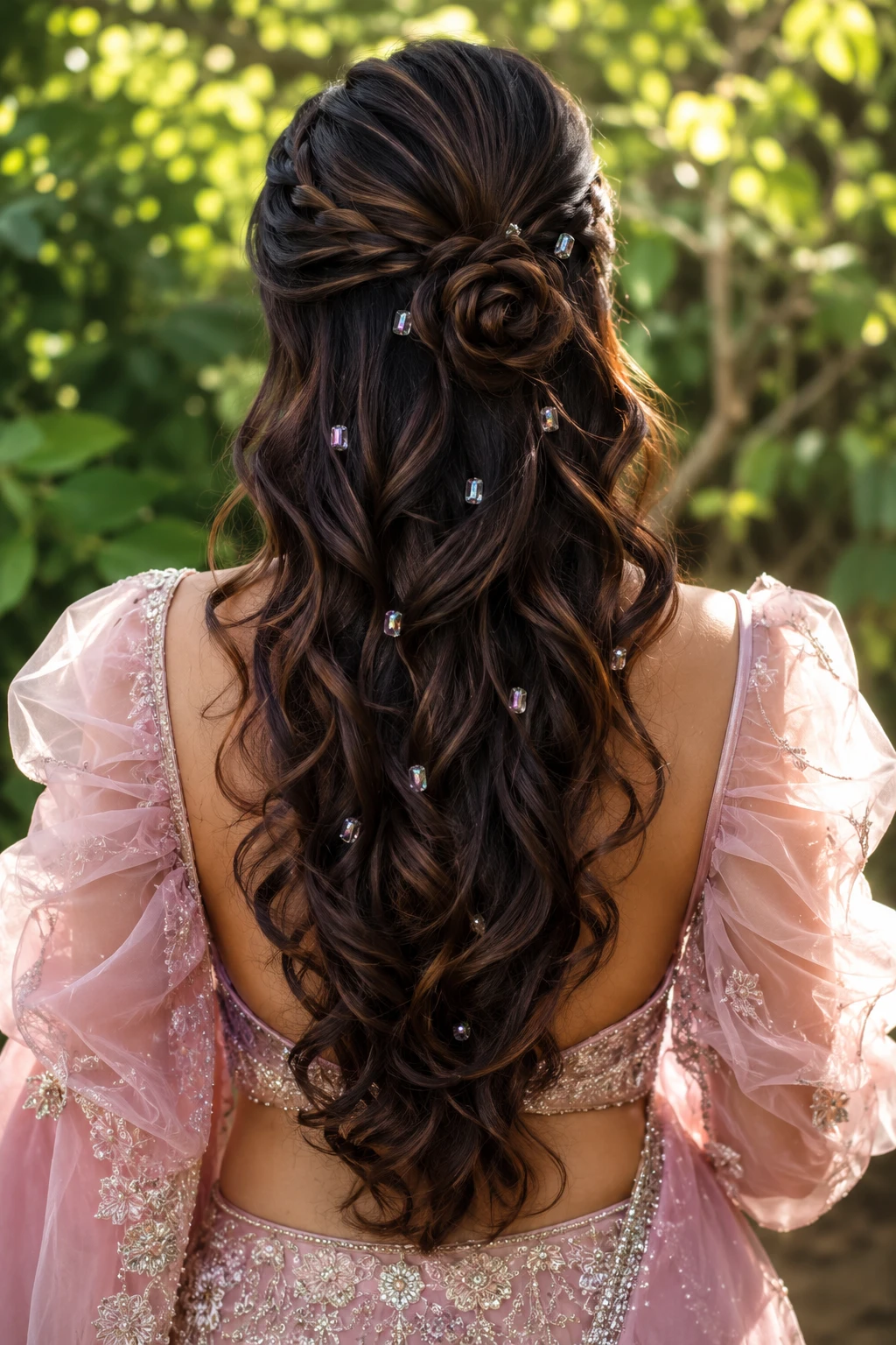 Half-Up Rose Bun with Crystal Curl Cascade