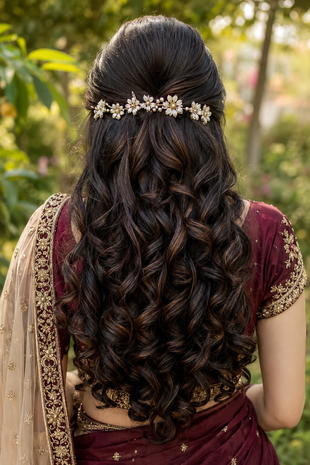 Half-Up Voluminous Curls with Pearl Floral Clip