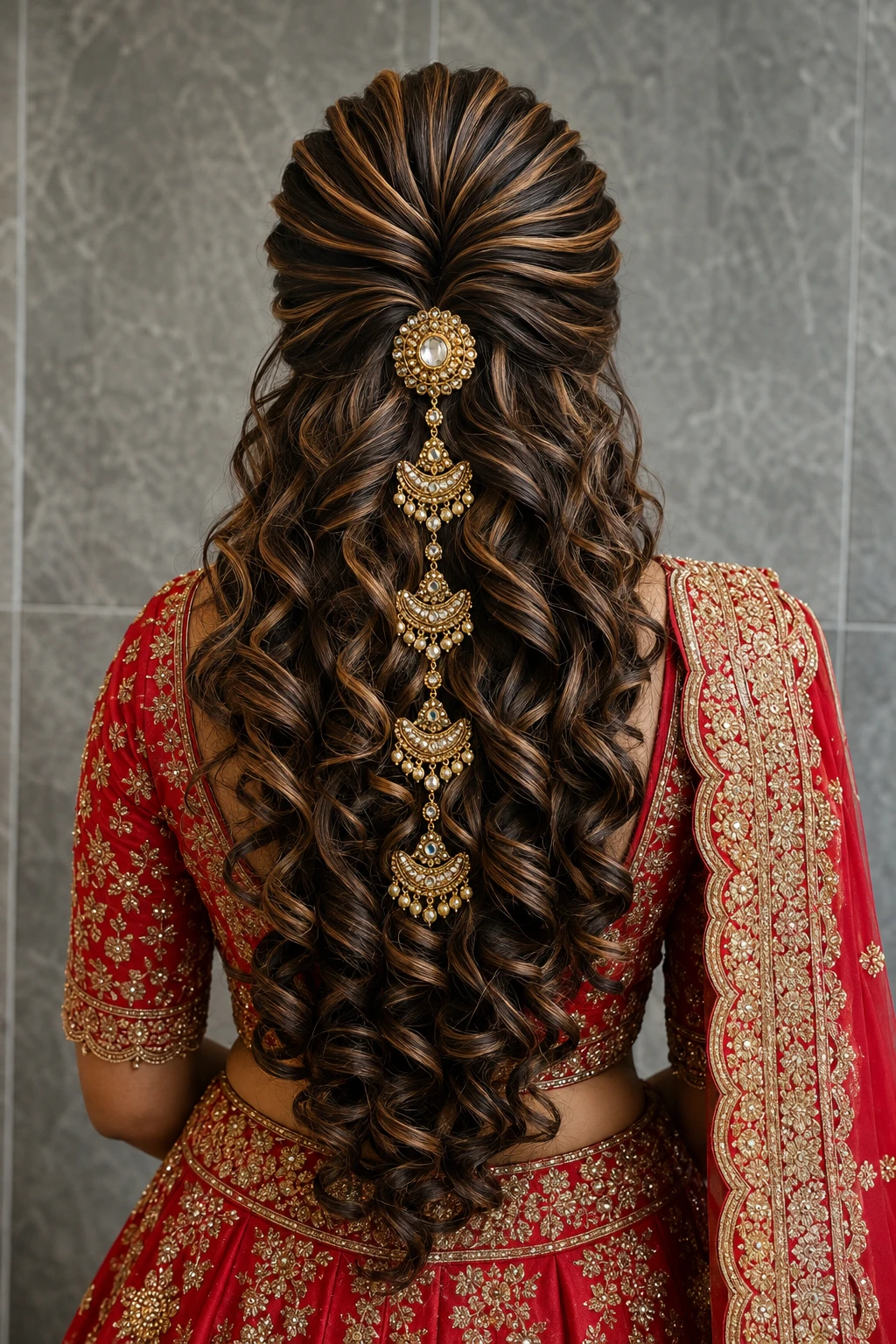 Half-Up Curls with Kundan Chandbali Hair Jewelry