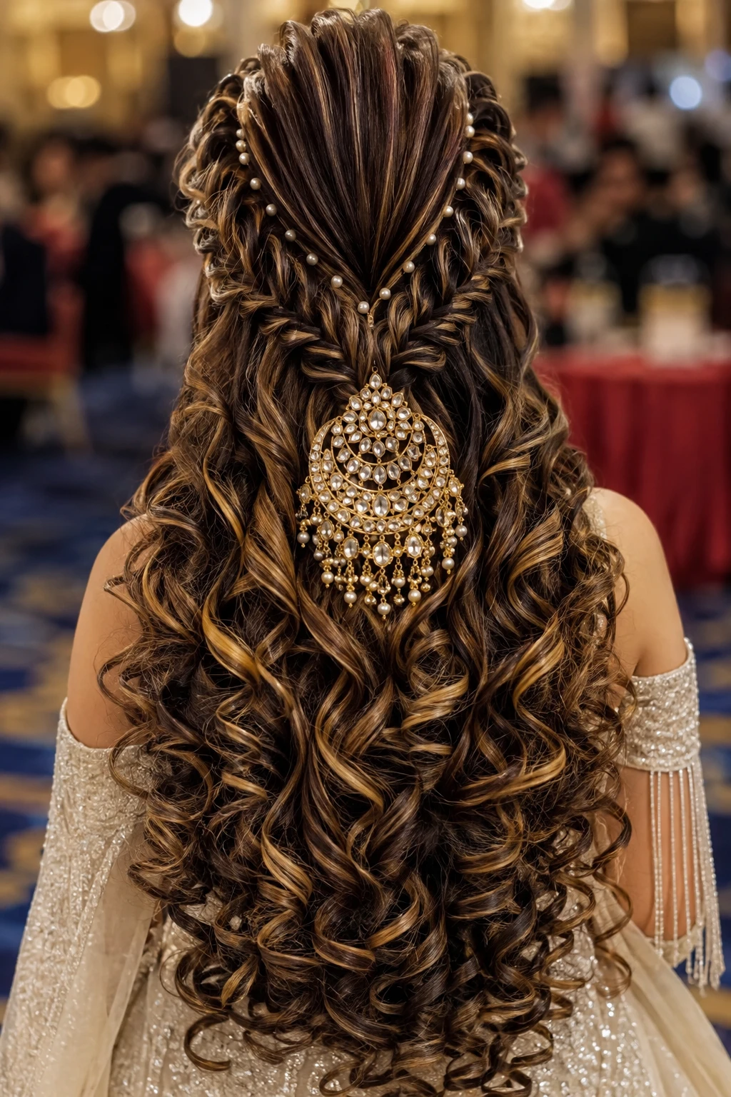 Fanned Half-Up Curls with Kundan Pendant Braid