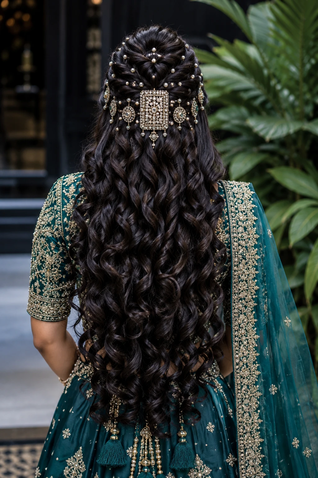Half-Up Curls with Rectangular Kundan Hairpiece