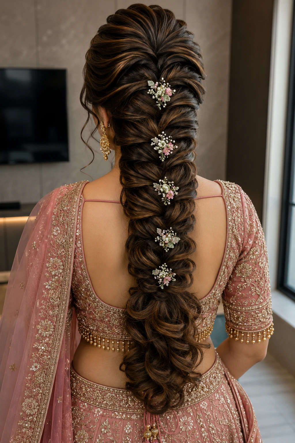 Fanned Fishtail Braid with Tiny Floral Accents