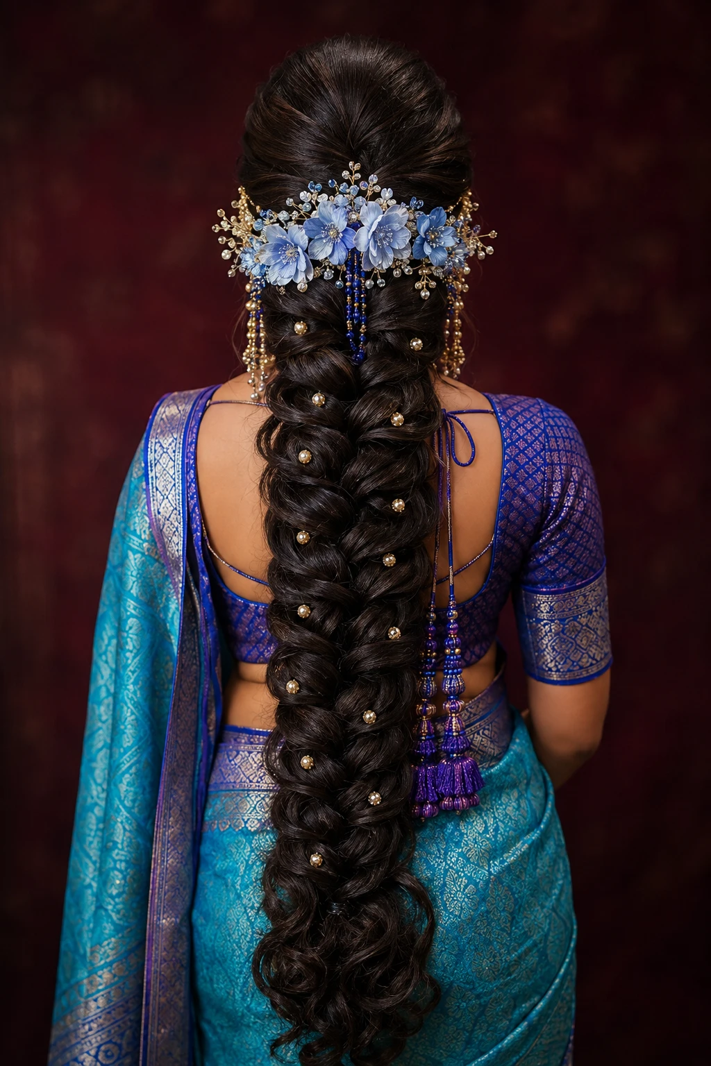 Braid with Blue Floral Comb and Beaded Tassel Drops