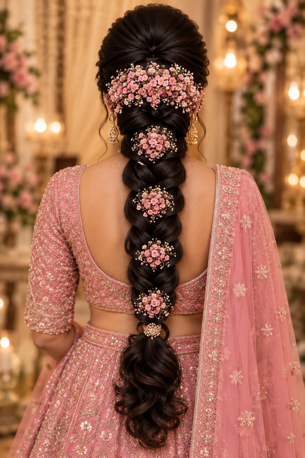 Braid with Pink Blossom Clusters and Curled Tail