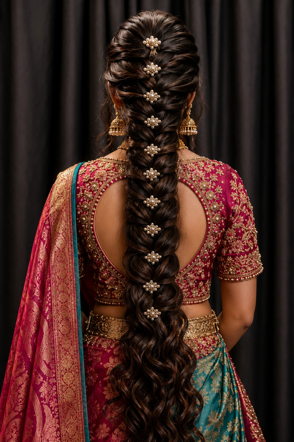 Fishtail Braid with Repeating Pearl Cluster Pins