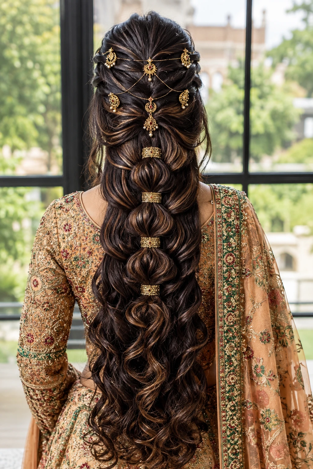 Bubble Ponytail with Gold Chain Jewelry and Curled Ends