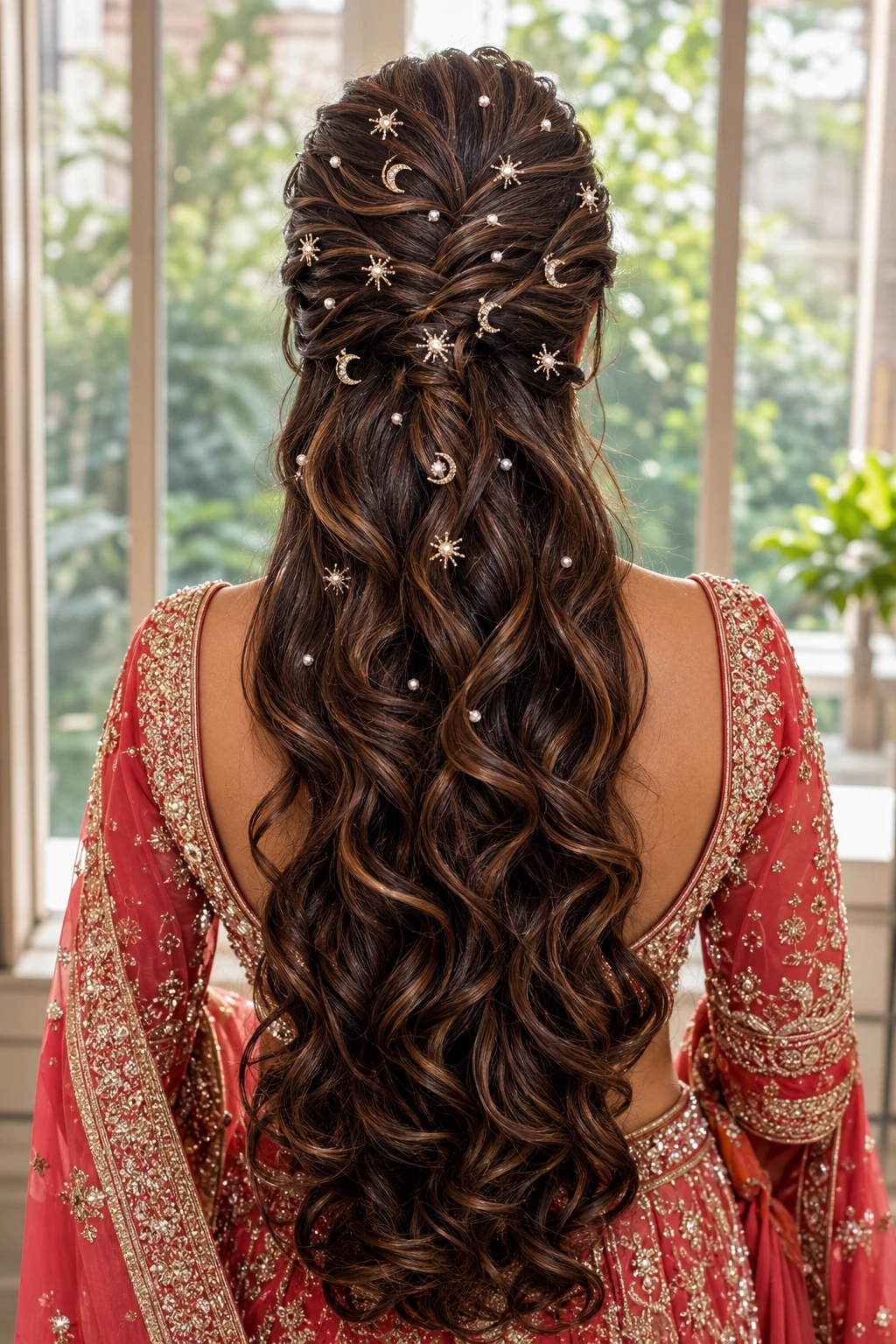 Half-Up Curls with Celestial Star and Moon Pins