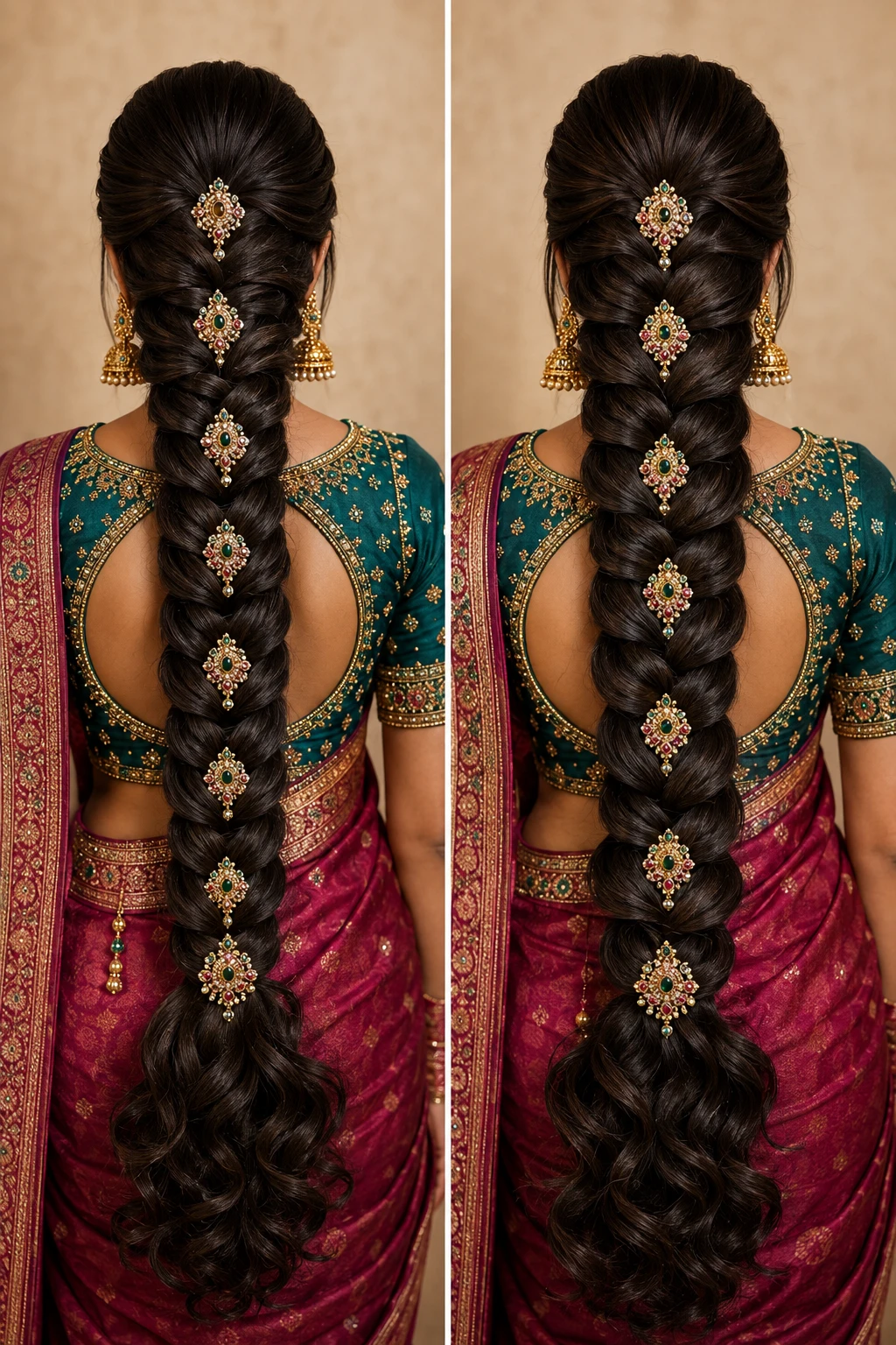 Braid with Diamond-Shaped Kundan Pins and Cutout Blouse Pairing