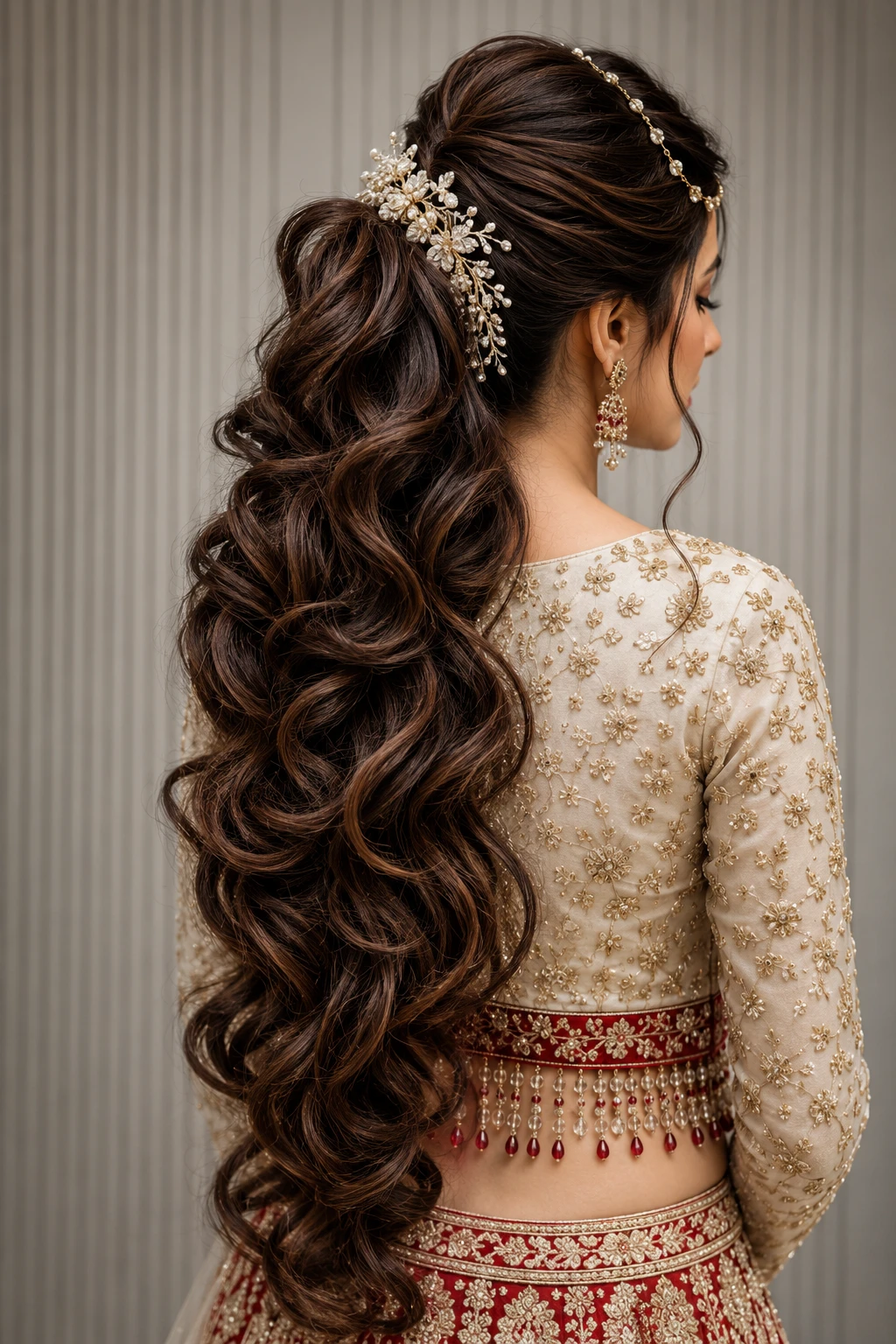 Jeweled Half-Up Ponytail with Cascading Curls