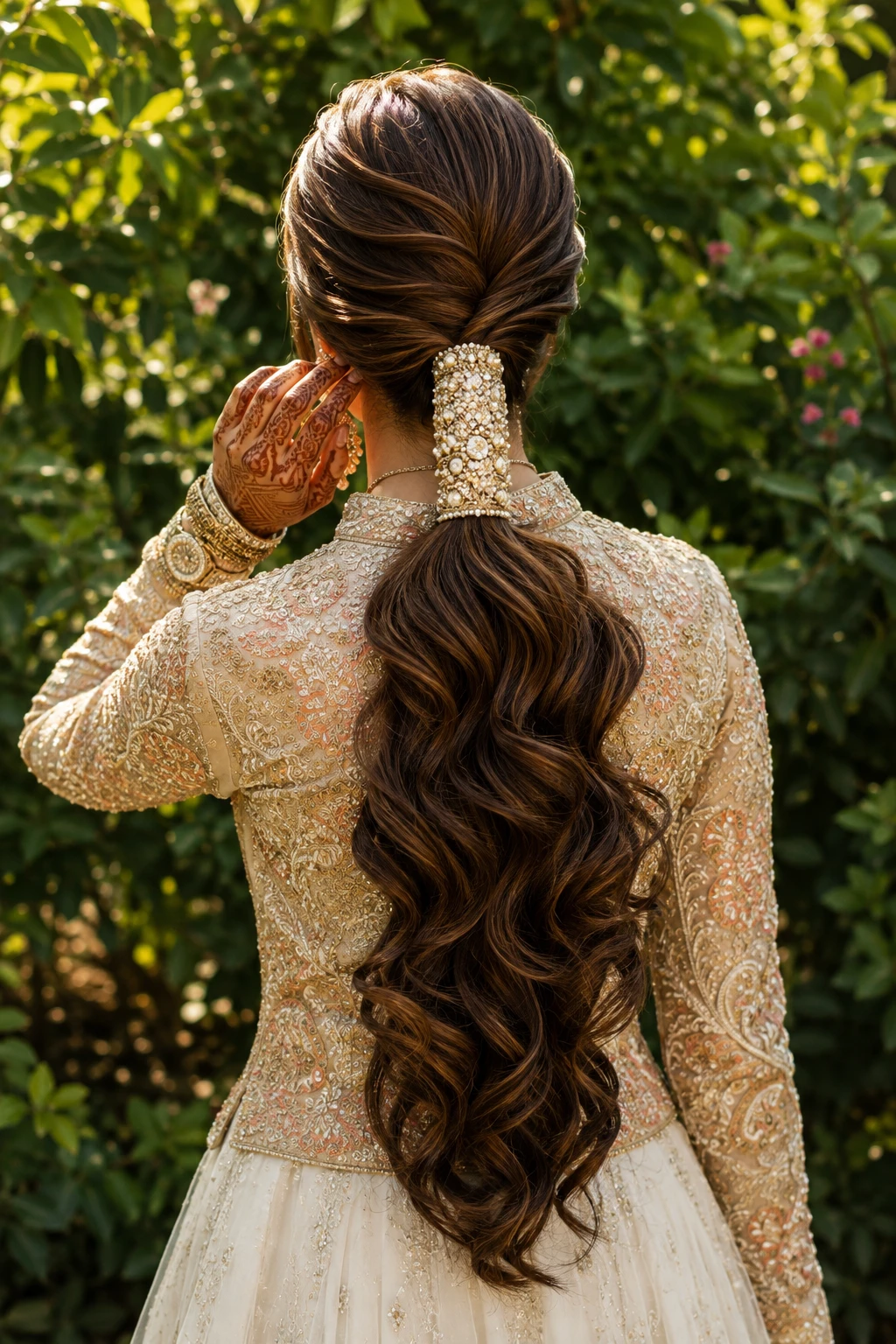 Jeweled Cuff Ponytail with Cascading Curls
