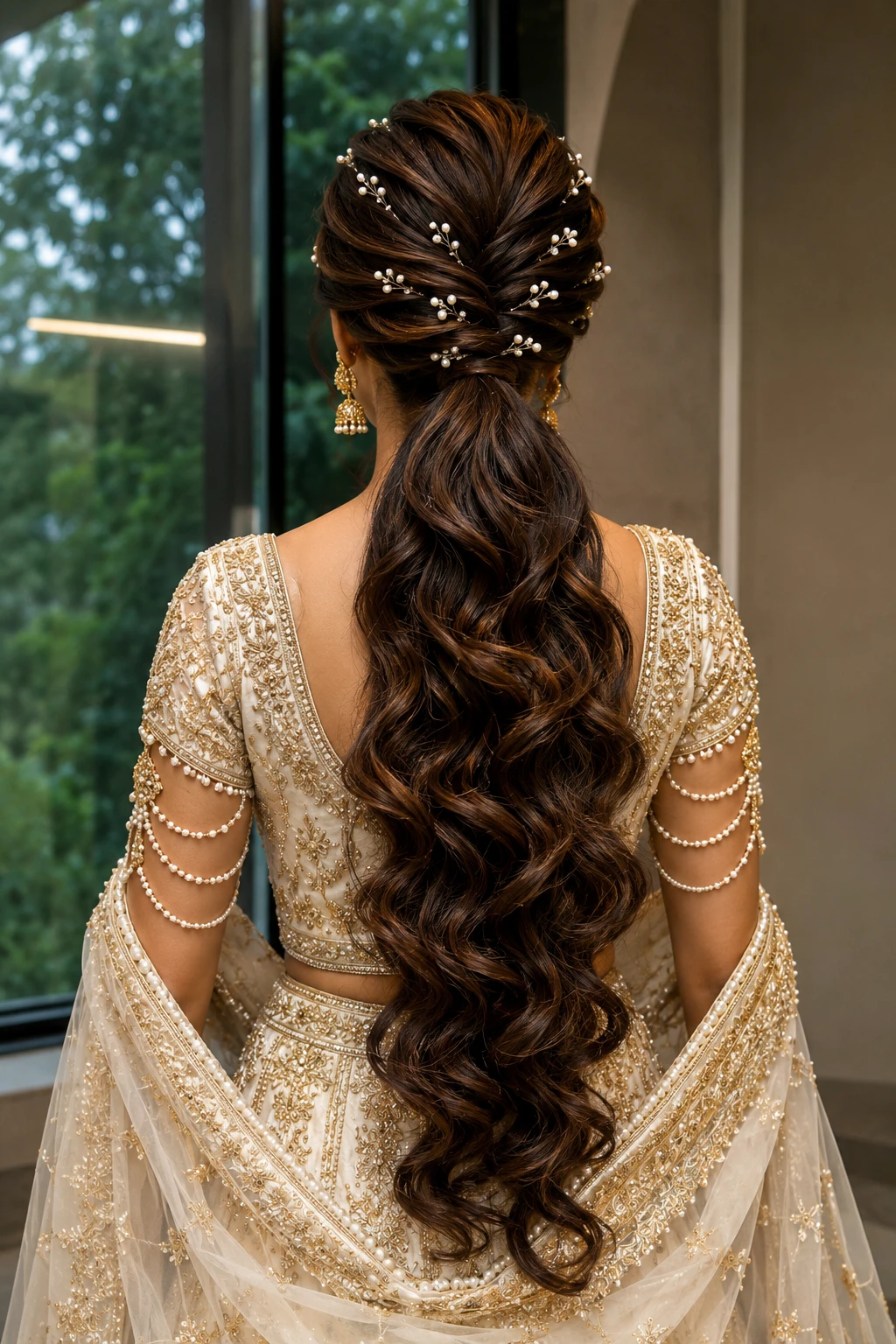 Twisted Pearl Ponytail with Voluminous Curls