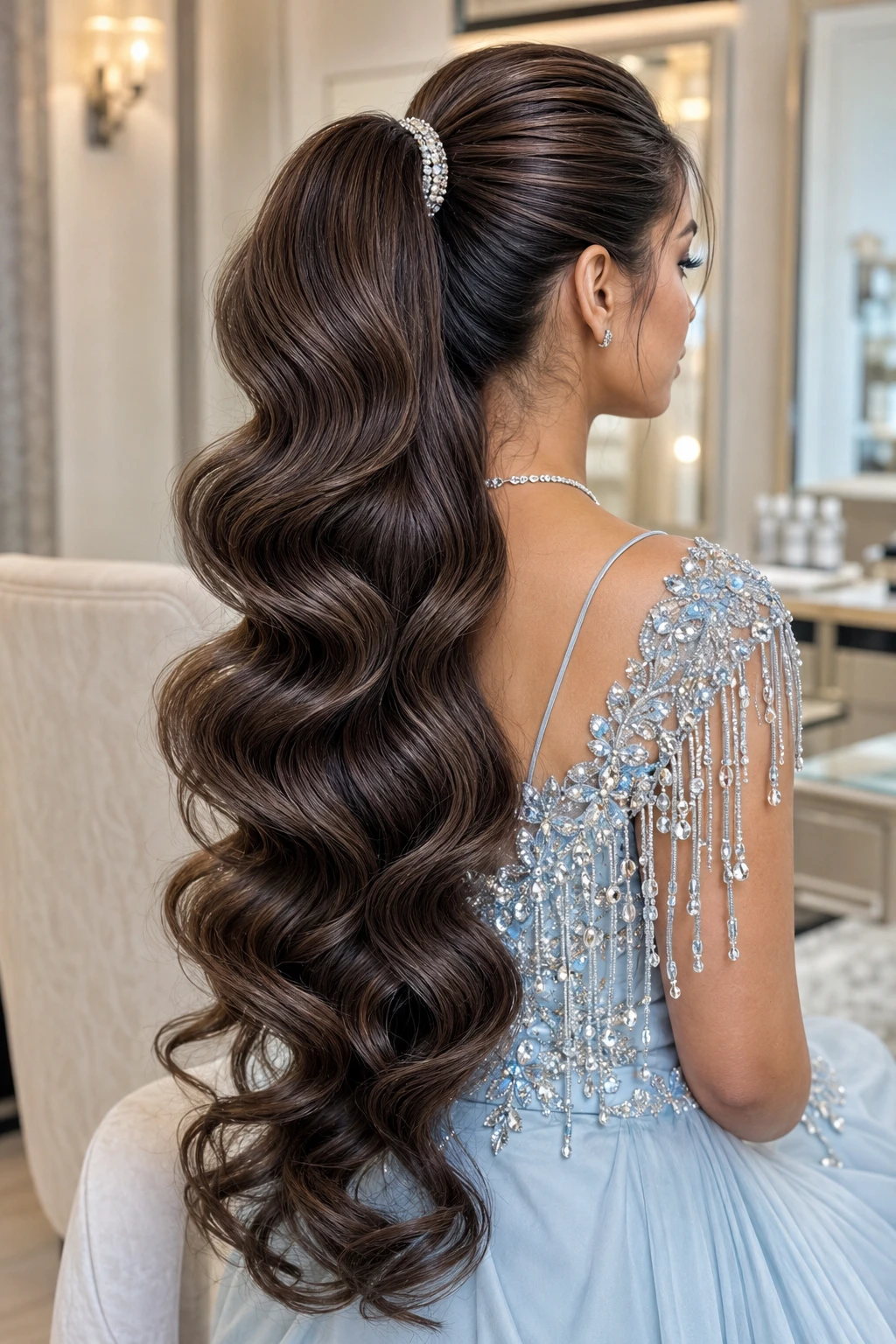 High Ponytail with Crystal Tie and Deep Waves