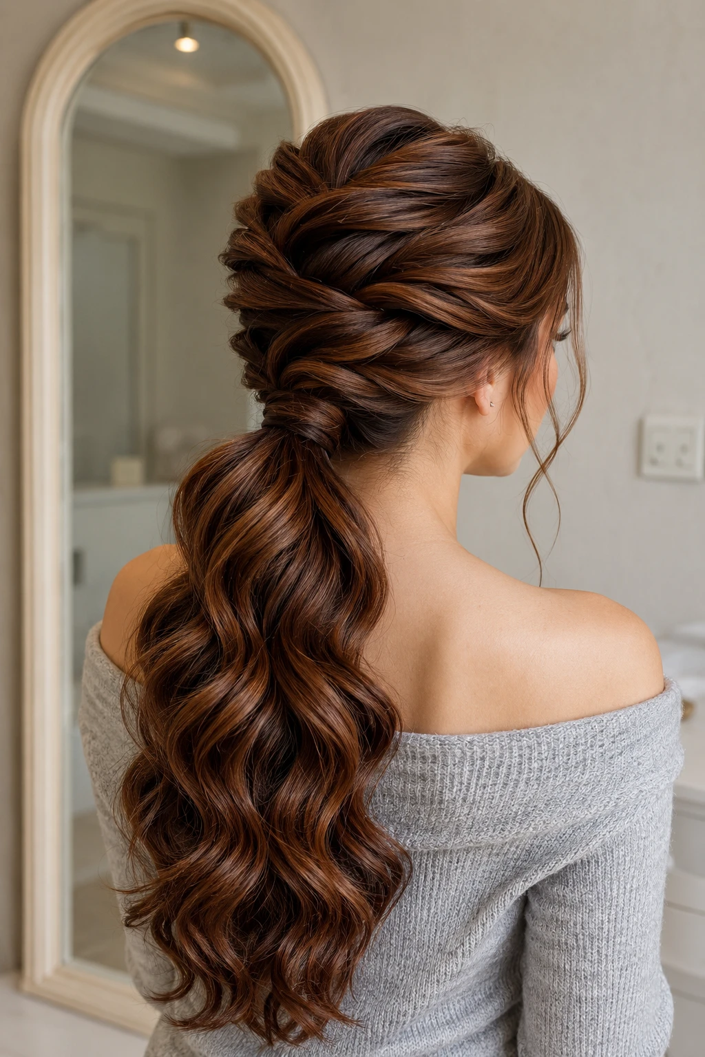 Twisted Copper Ponytail with Soft Curls