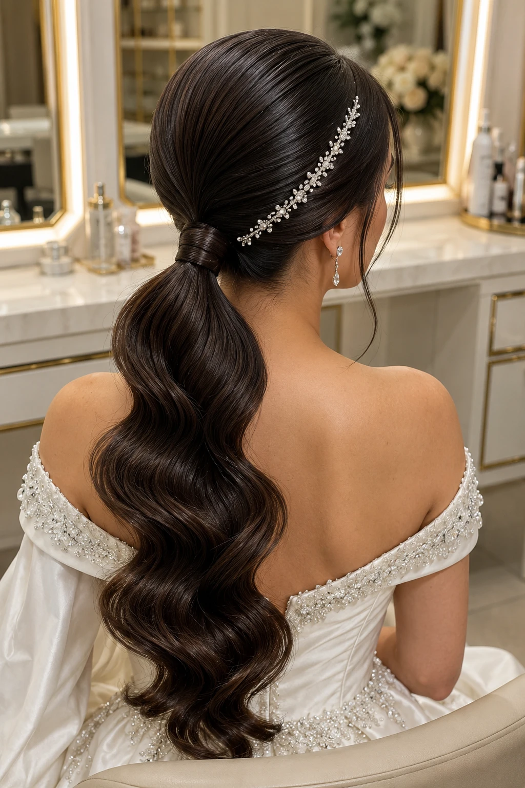 Low Ponytail with Pearl Vine and Old Hollywood Waves