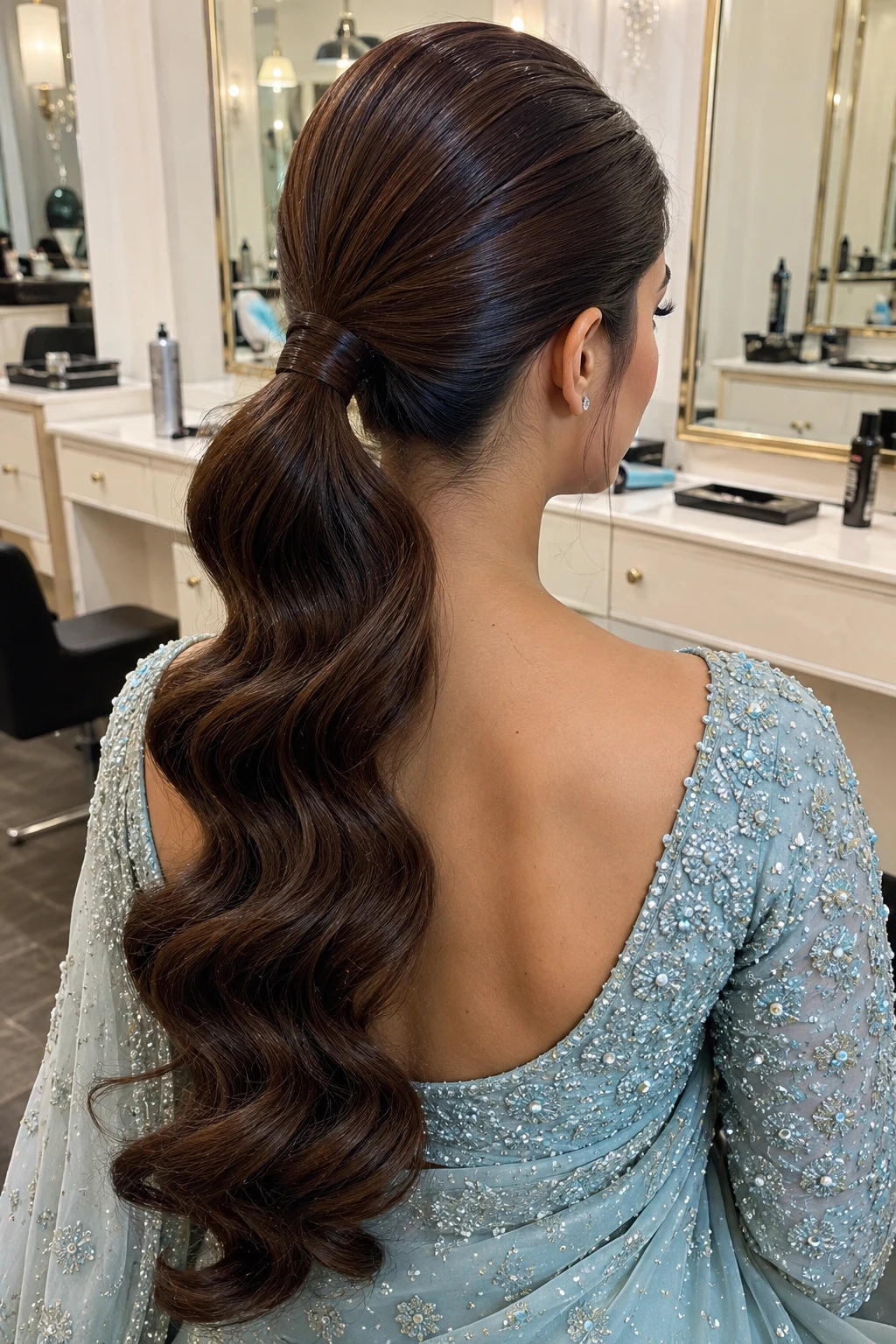 Wrapped Low Ponytail with Glossy Waves
