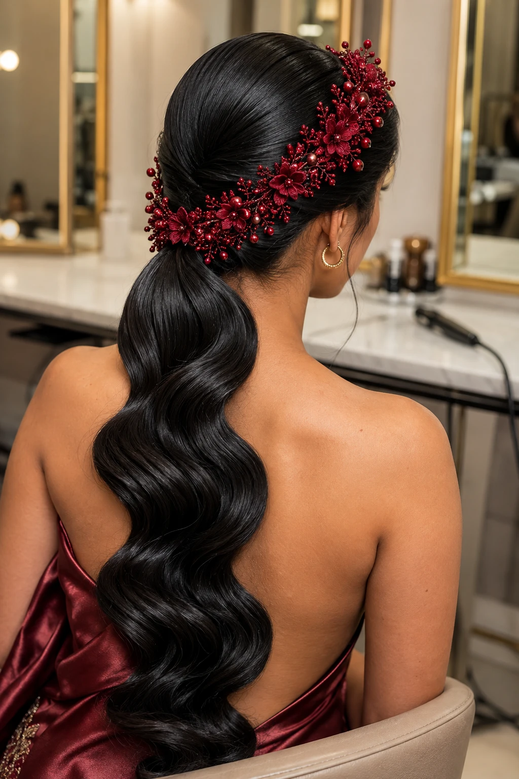 Low Ponytail with Burgundy Floral Vine and Waves