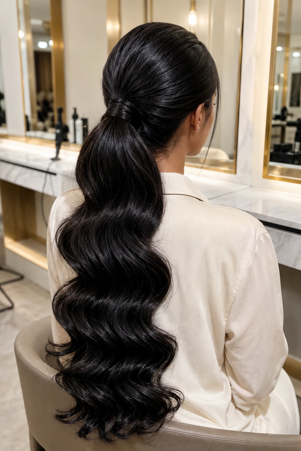 Jet Black Wrapped Ponytail with Full Waves