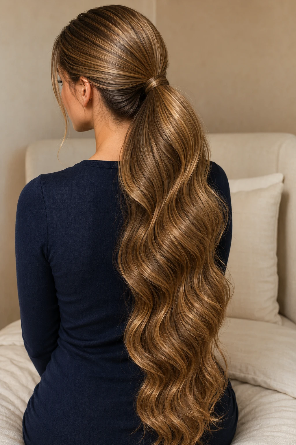 Caramel Balayage Ponytail with Loose Waves