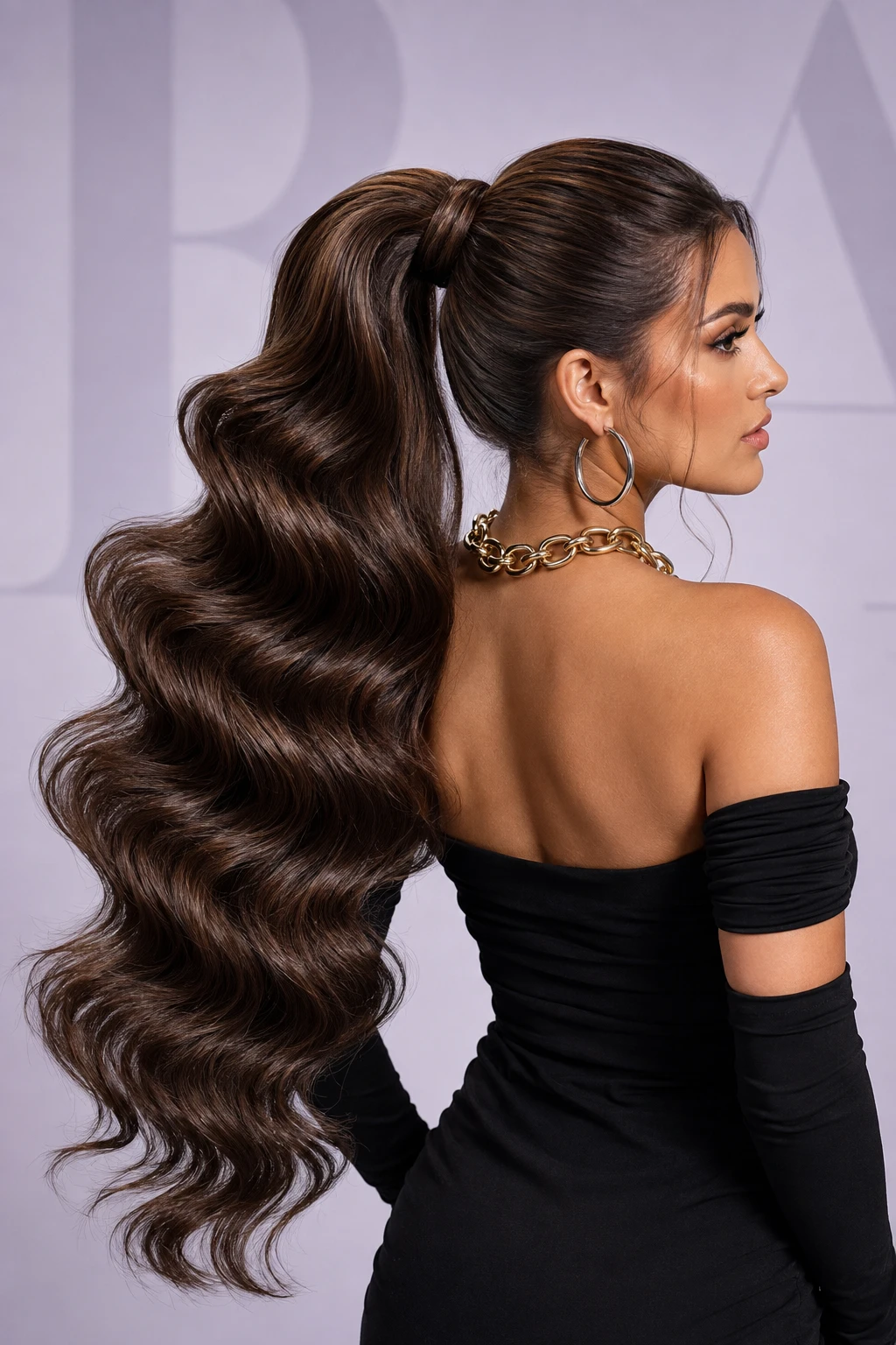 High Ponytail with Bold Waves and Chunky Chain