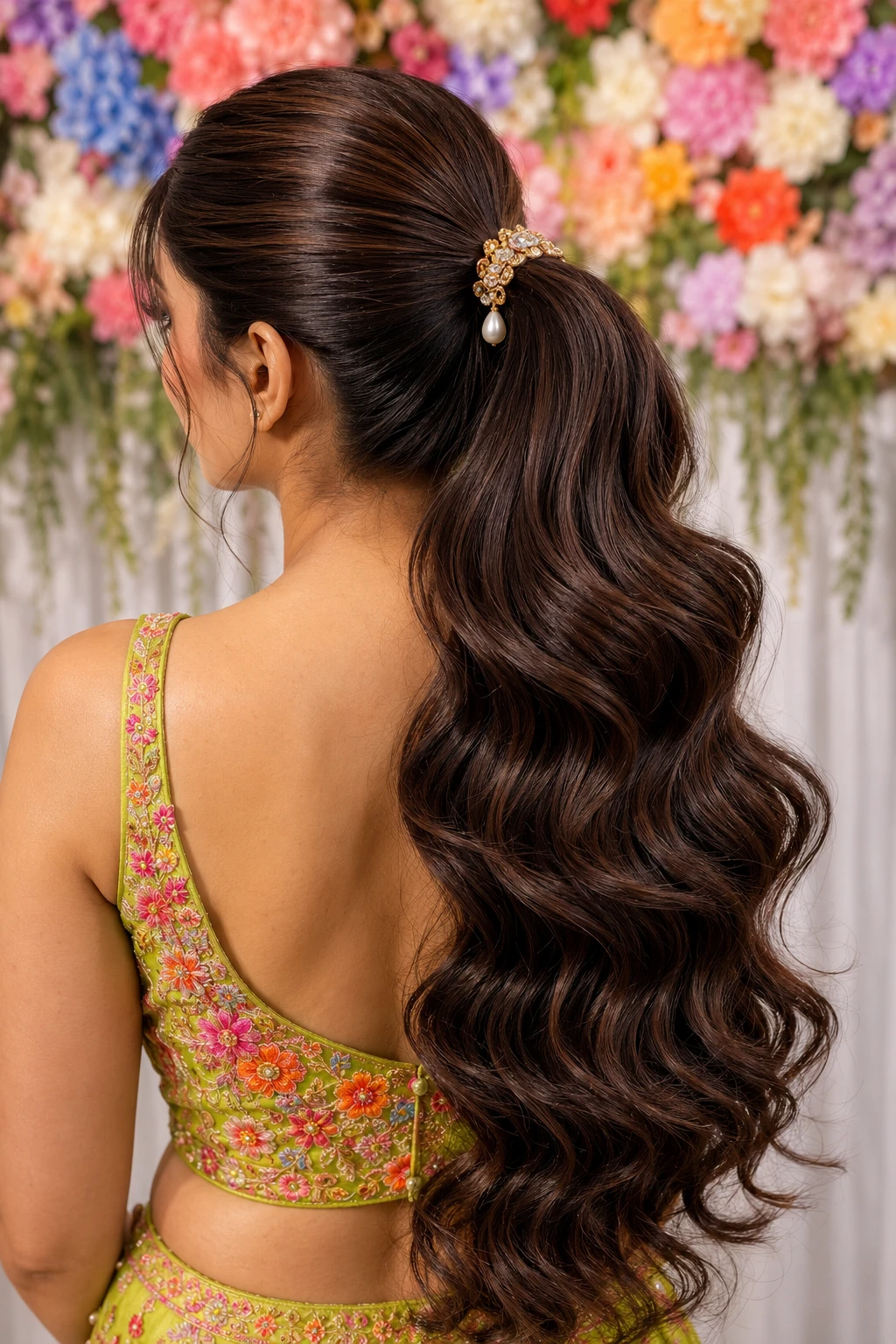 Sleek Ponytail with Pearl Brooch and Waves