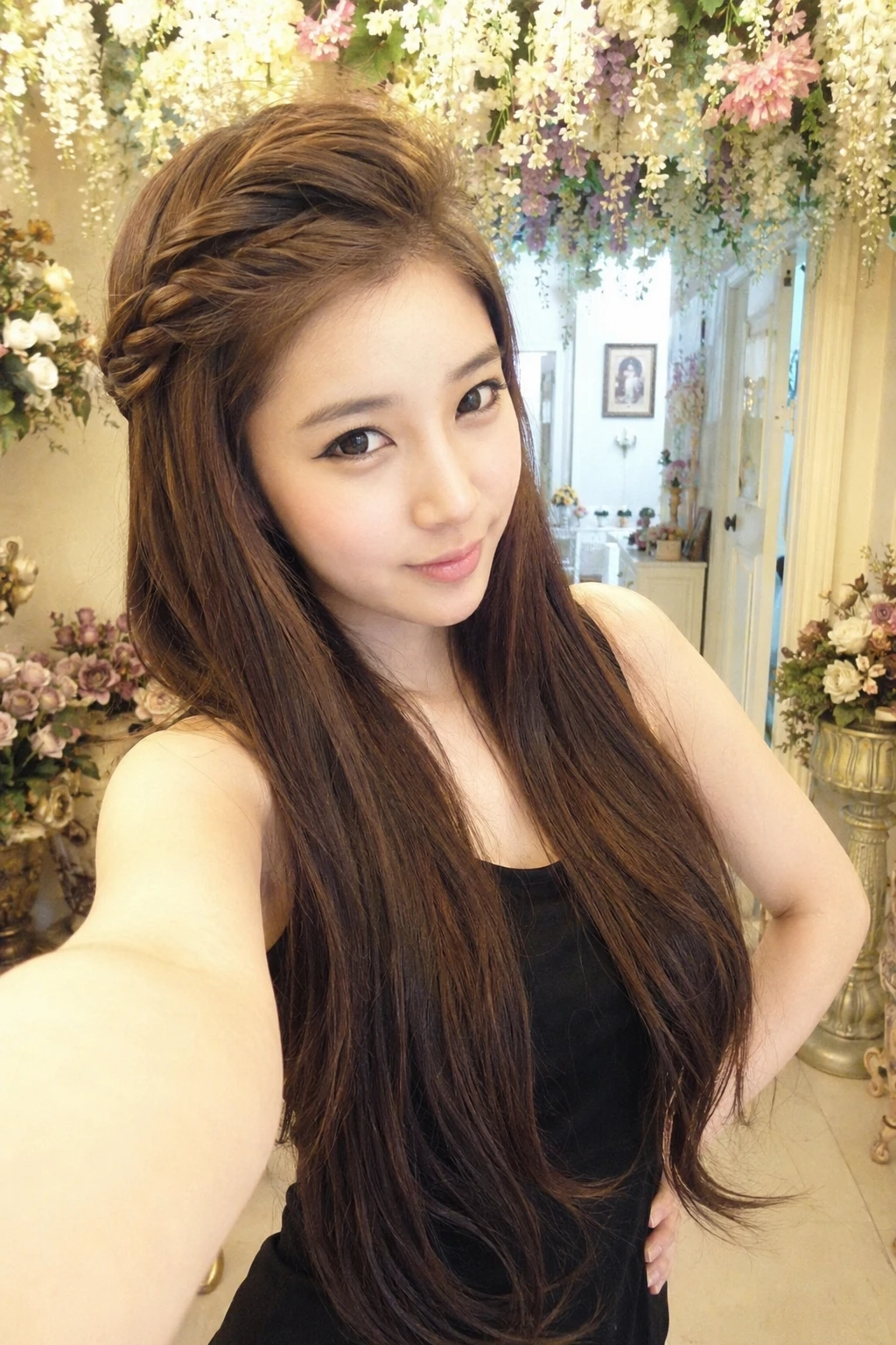 Half-Up Braided Crown with Long Straight Hair