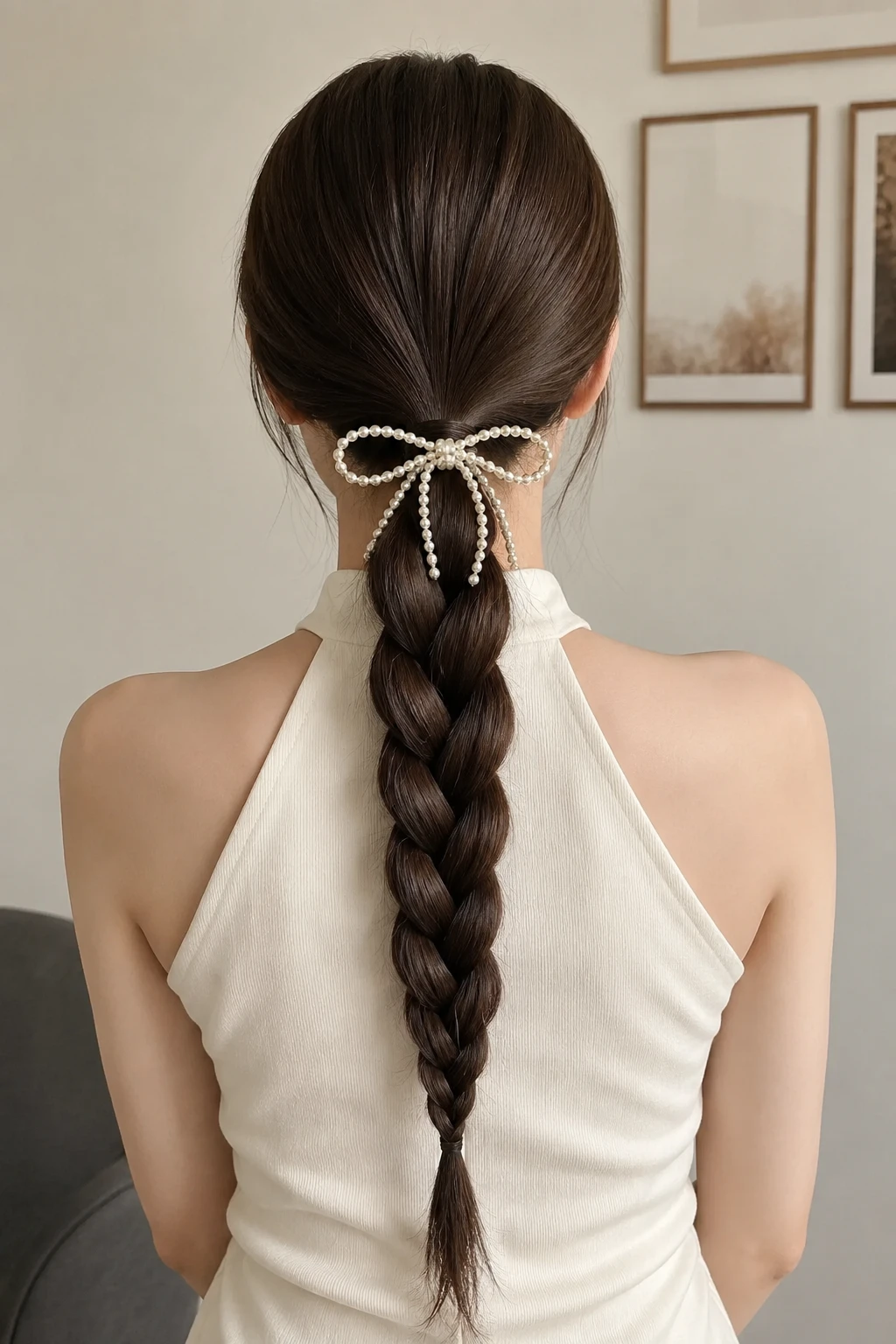 Sleek Low Braided Ponytail with Pearl Bow