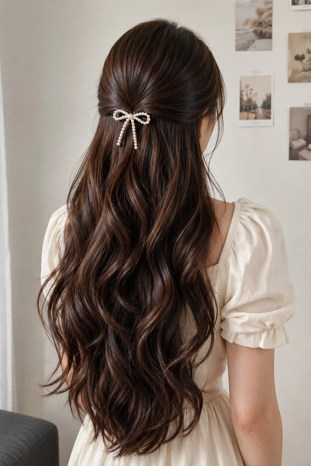 Half-Up Waves with Pearl Bow Clip