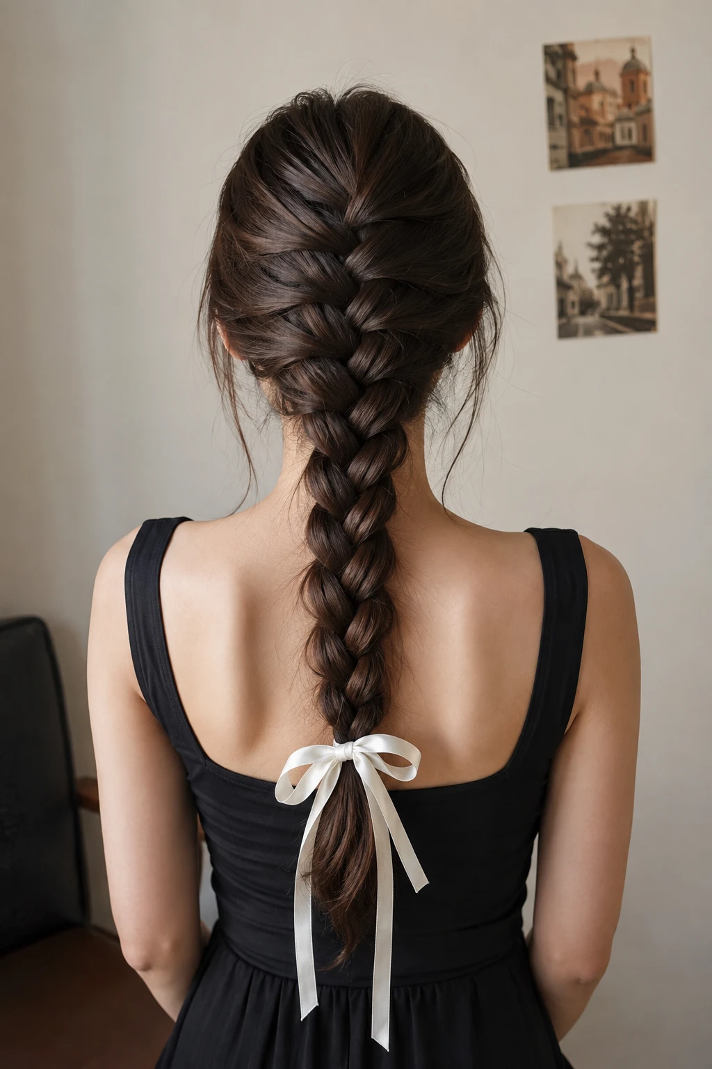 Classic French Braid with White Ribbon Bow