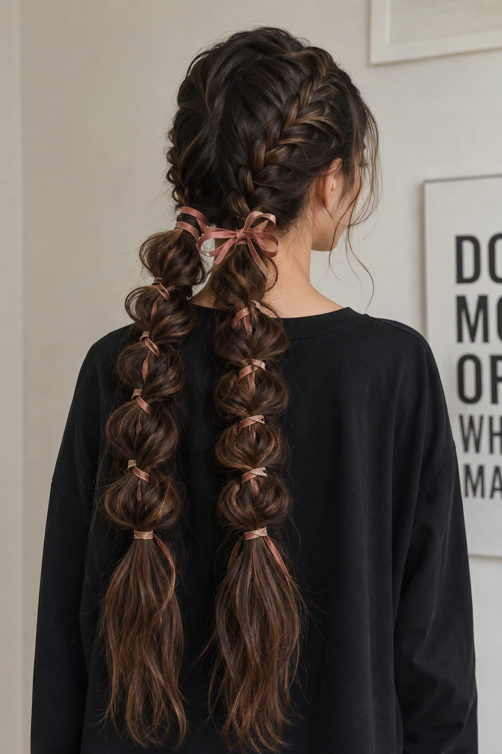 Bubble Braid Pigtails with Ribbon Wraps