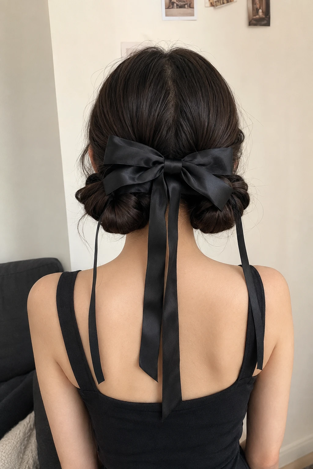 Double Bun Updo with Oversized Satin Bow