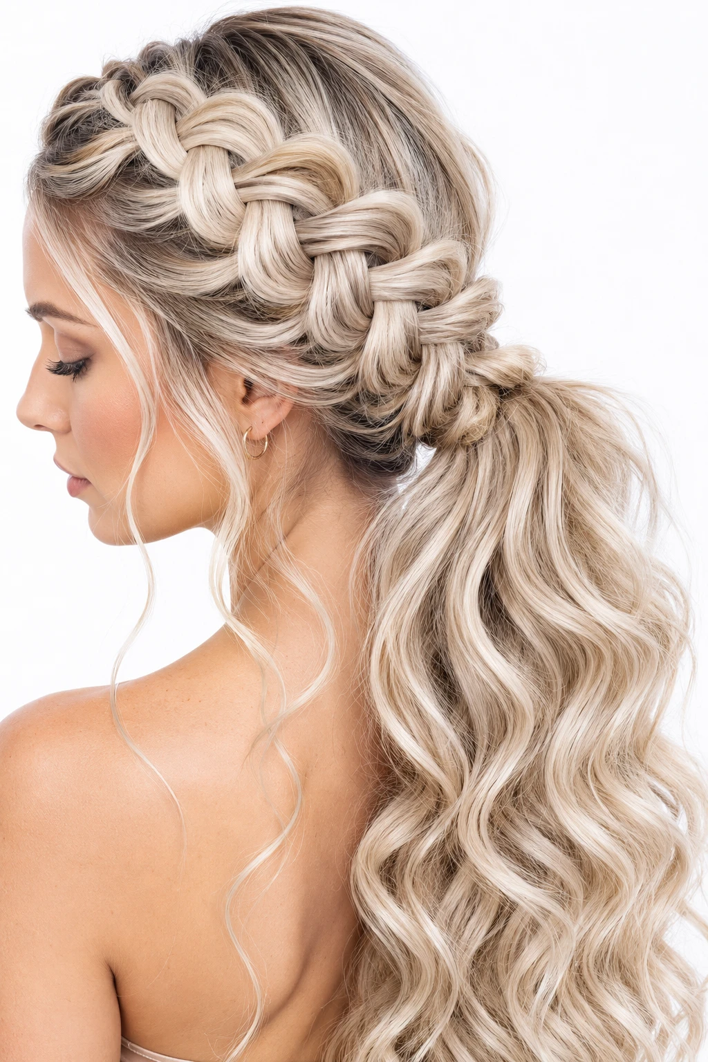 Side Dutch Braid into Wavy Low Ponytail