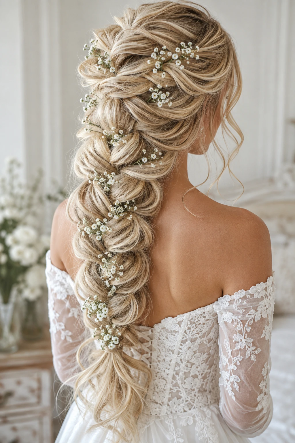 Bridal Pull-Through Braid with Baby's Breath