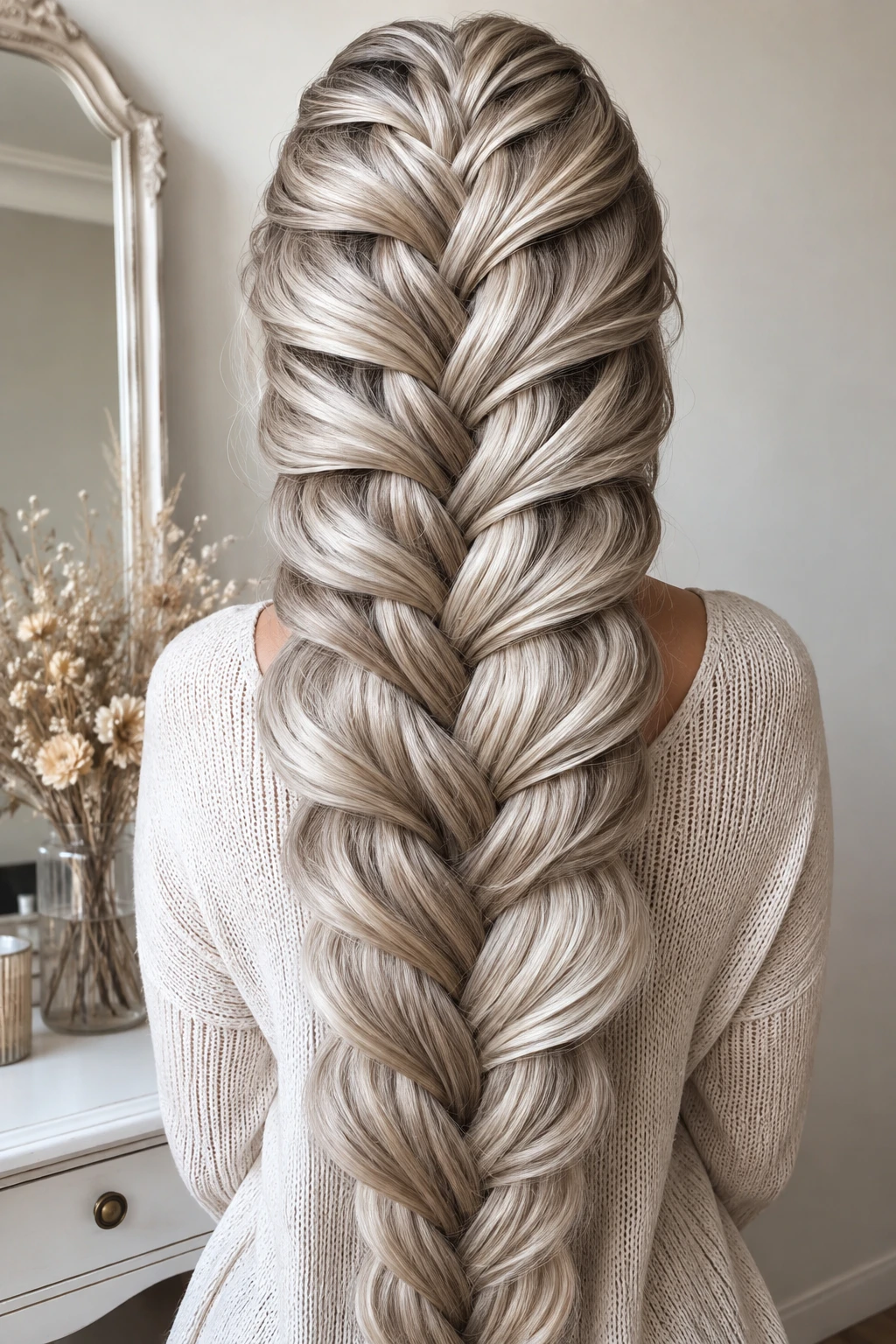 Thick Fishtail Braid with Silver Blonde Highlights