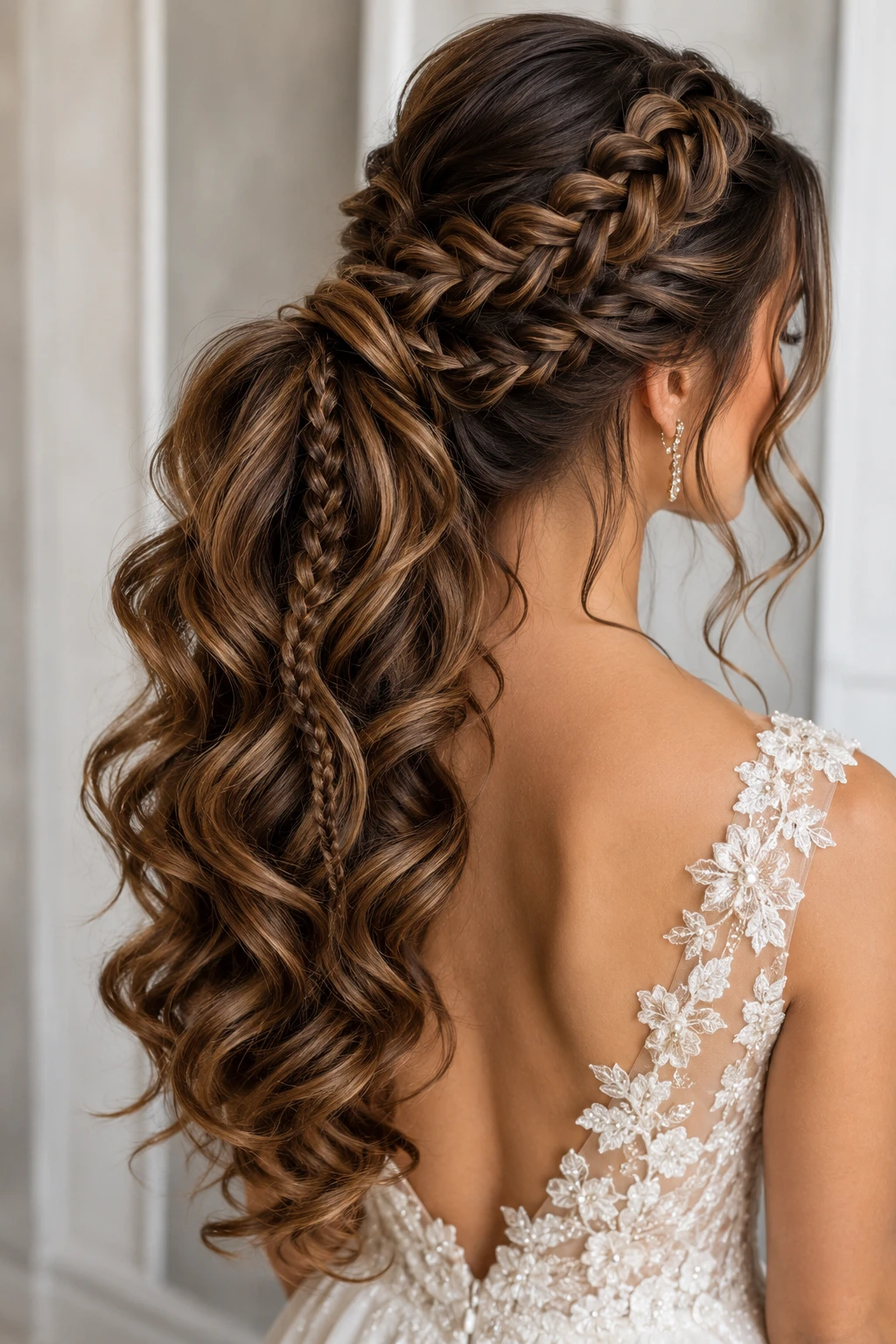 Bridal Braid into Curled Half-Up Style