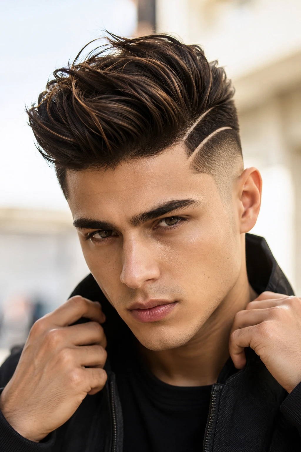 Brushed Back Pompadour with Curved Part Line