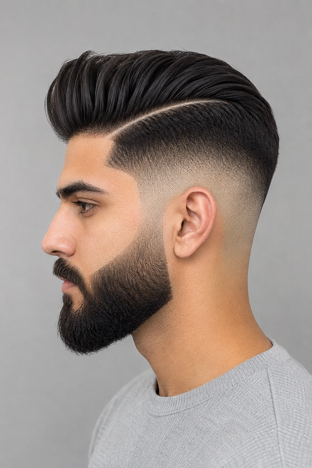 Sleek Pompadour with Curved Part and Skin Fade