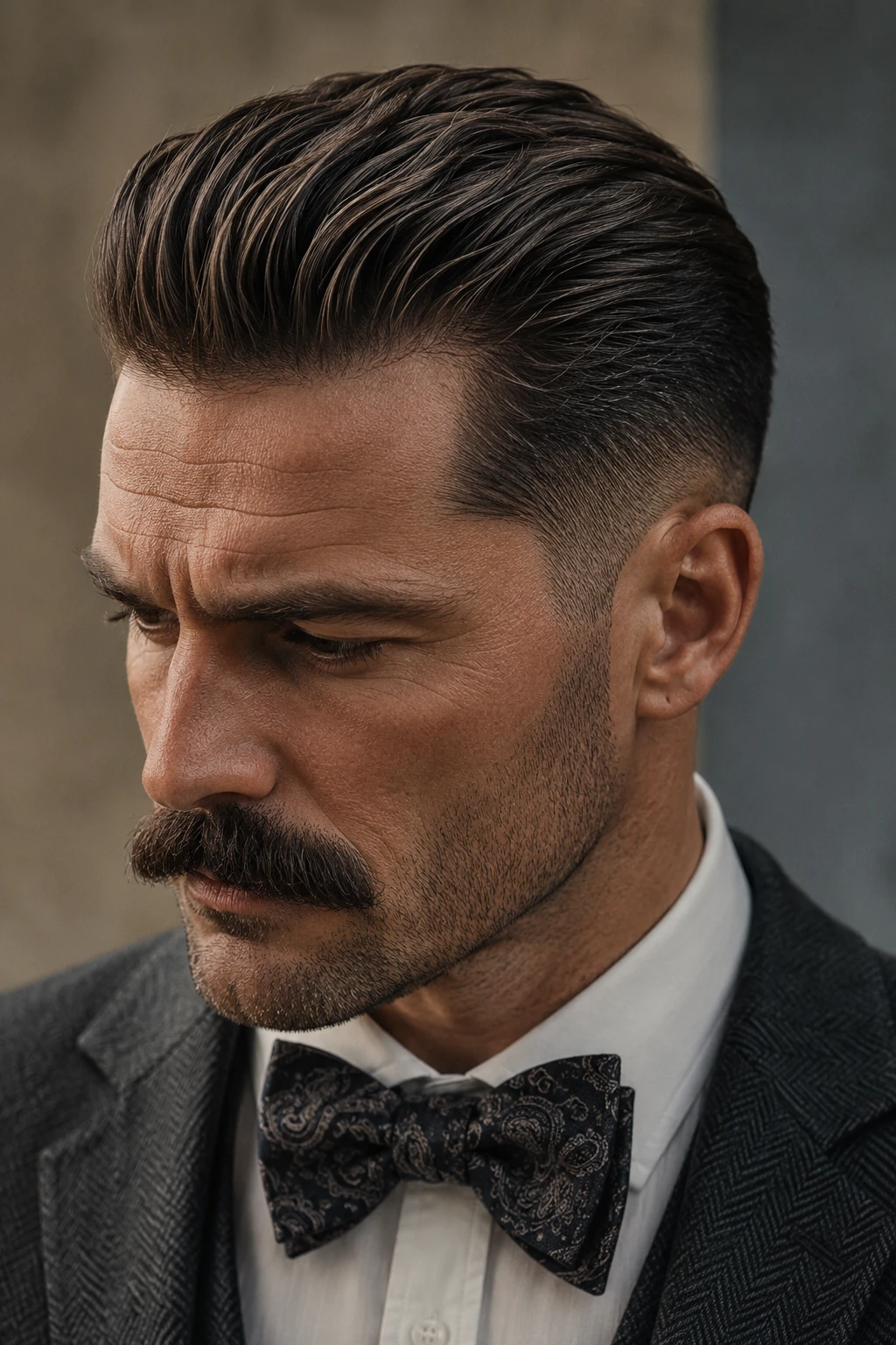 Classic Slicked Back Cut with Handlebar Mustache
