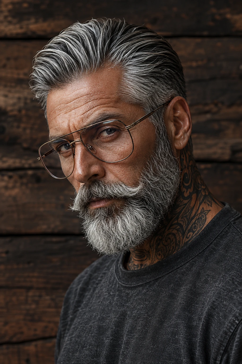 Salt and Pepper Brushed Back Cut with Full Beard
