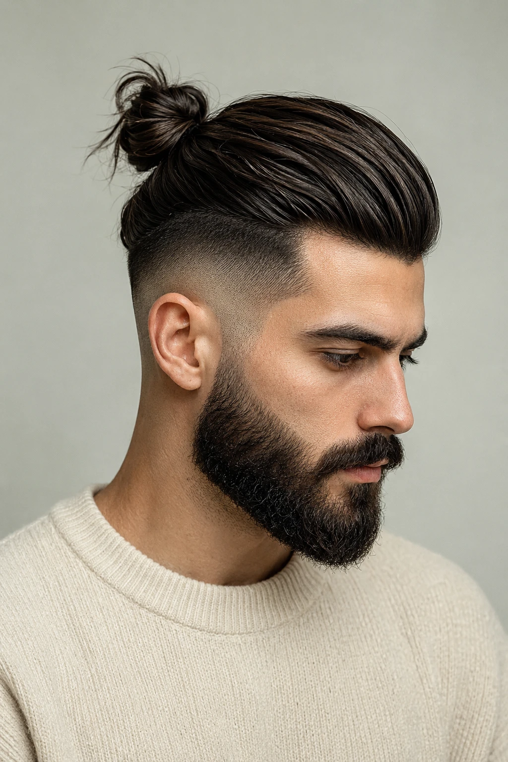 Top Knot with High Skin Fade and Full Beard