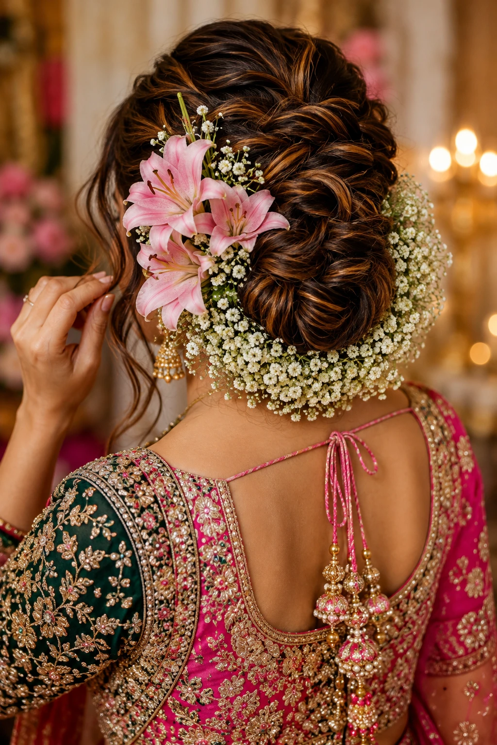 Floral Braided Bun with Baby's Breath and Lilies