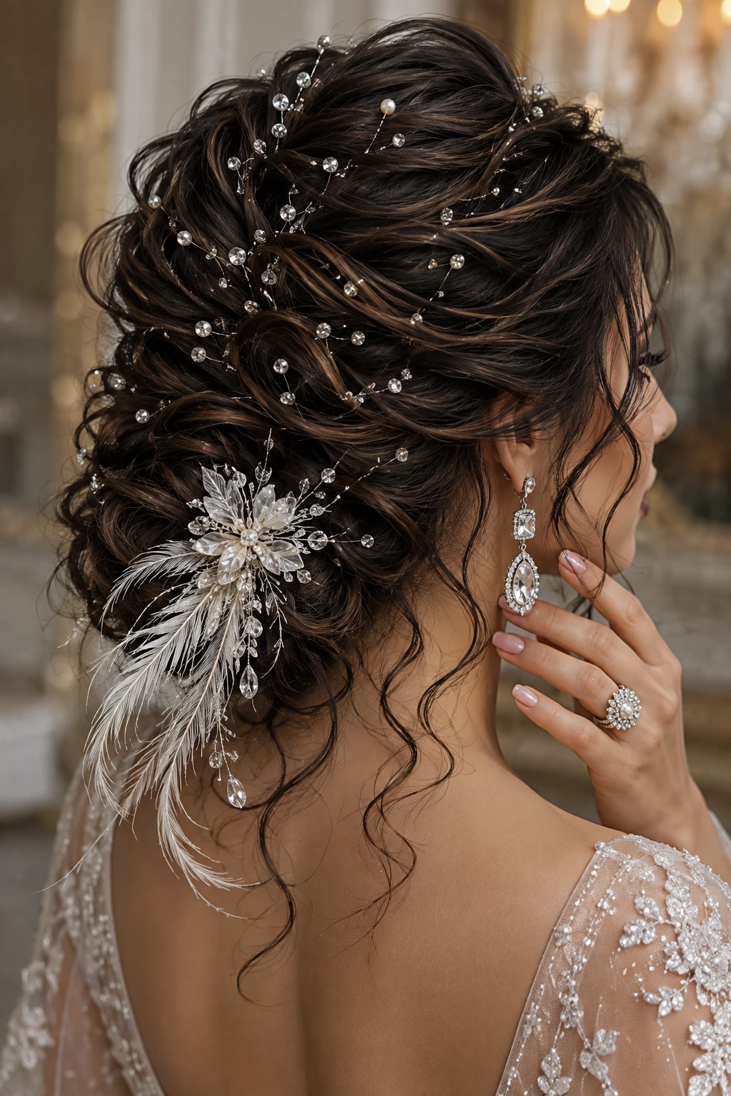Crystal Vine Messy Bun with Feather Hairpiece