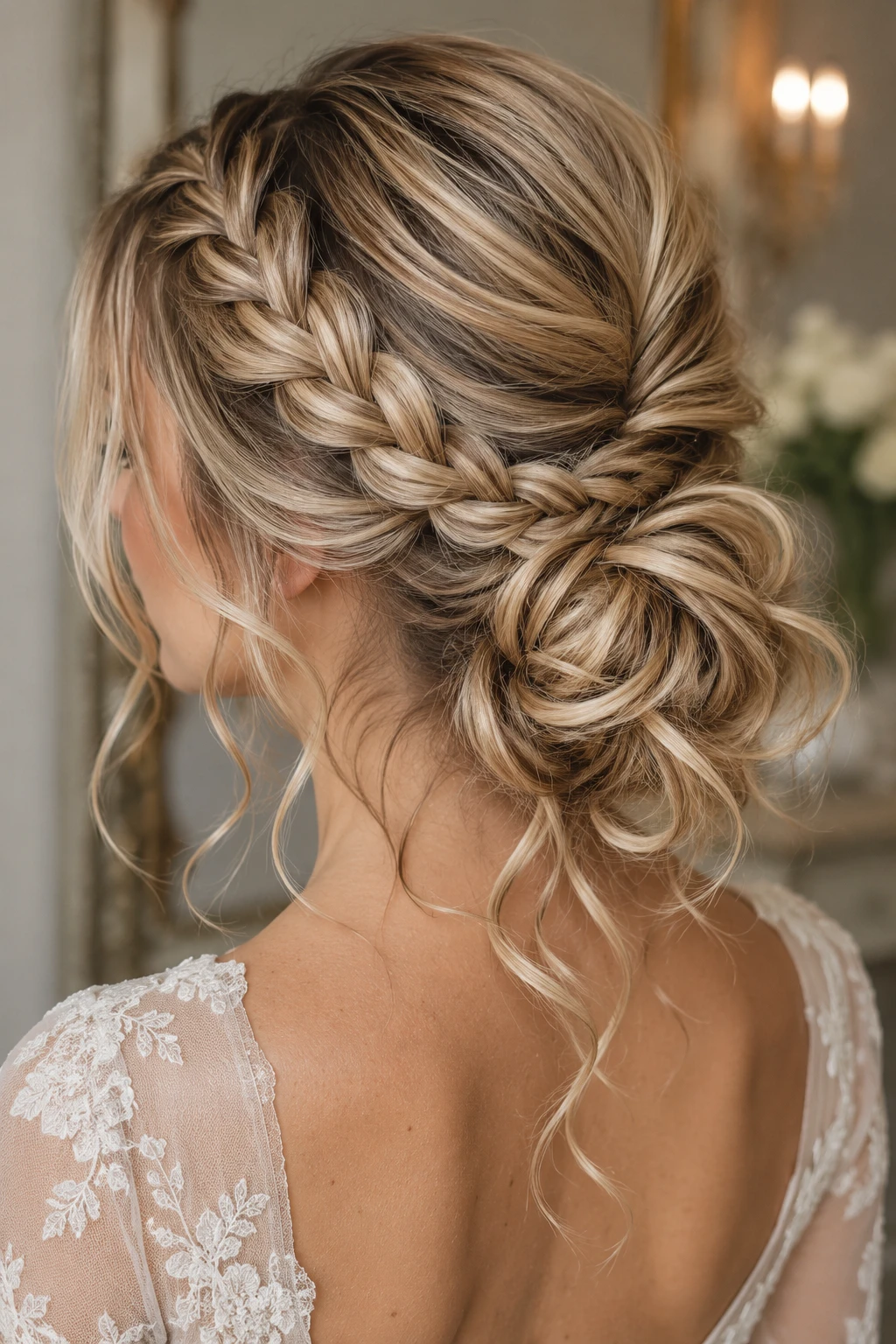Braided Crown Messy Bun with Face Framing Curls