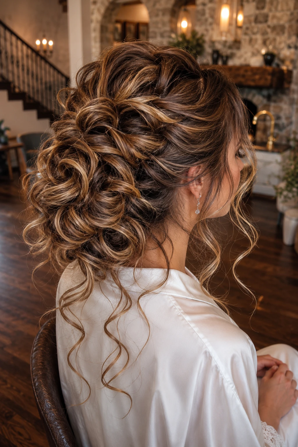 Half Up Curly Messy Bun with Cascading Ringlets