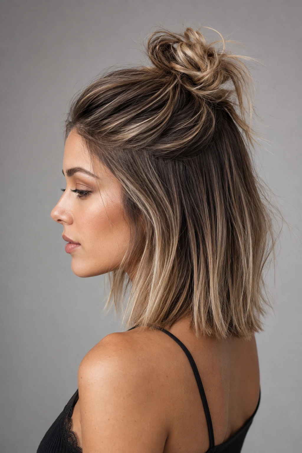 Half Up Top Knot on Lob Length Hair