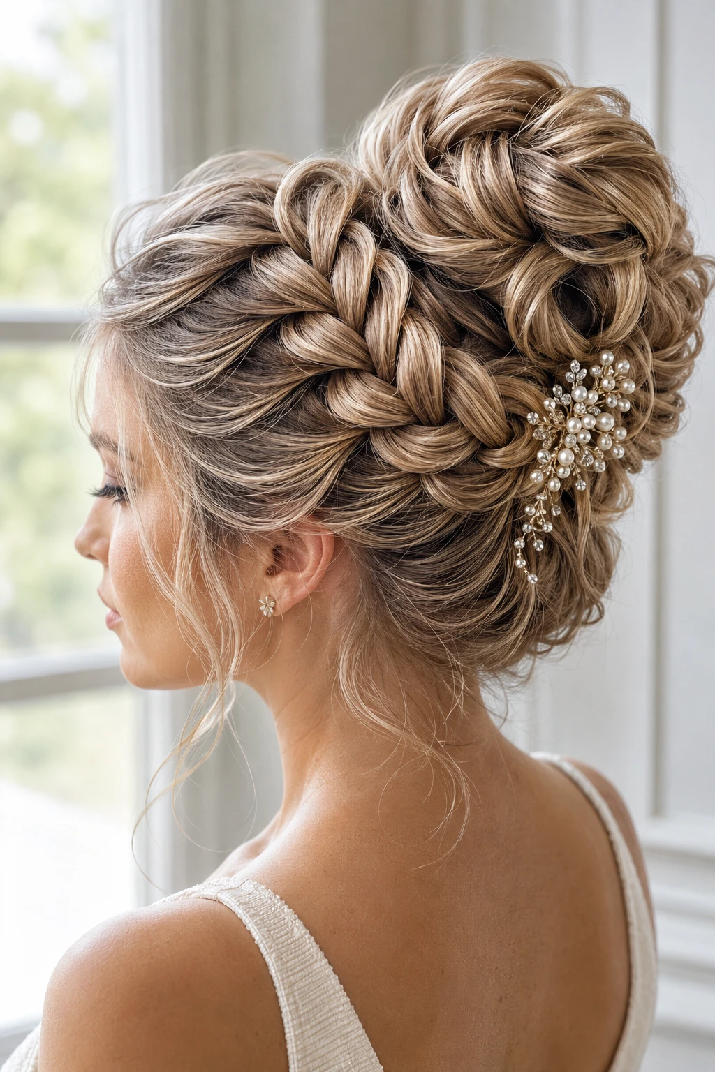 Braided Crown High Bun with Pearl Cluster Pin
