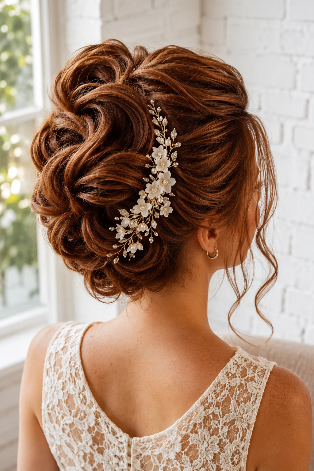 Copper Rose Bun with Floral Pearl Comb
