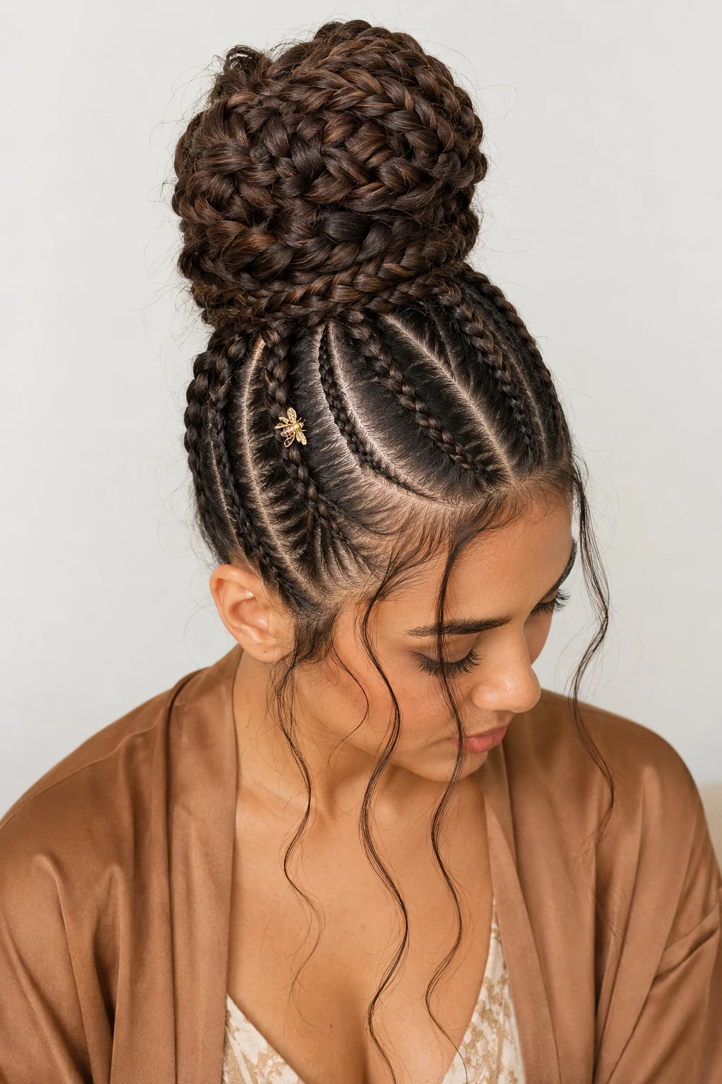 Cornrow Braided High Bun with Gold Bee Pin