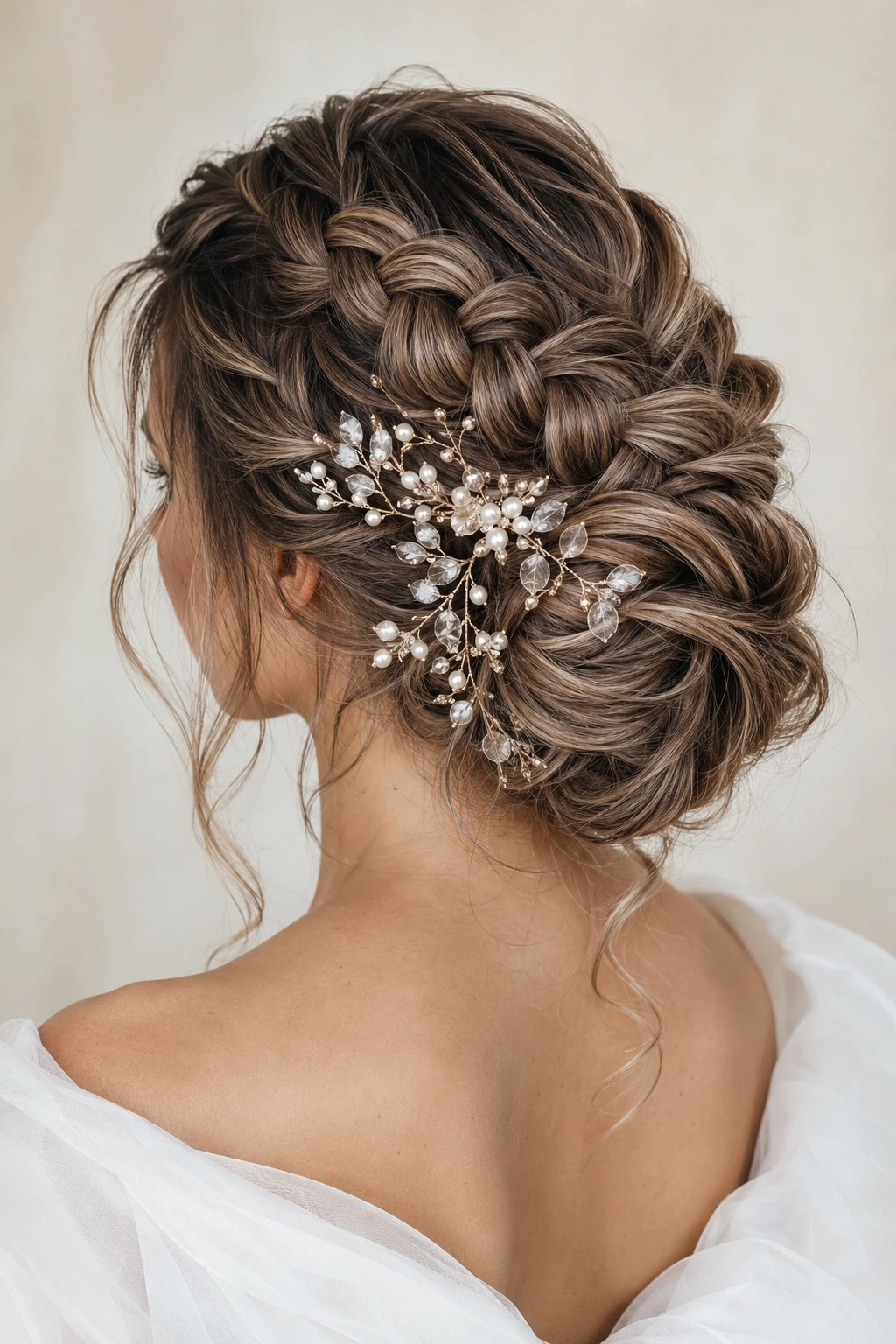 Braided Halo Bun with Pearl Vine Accent